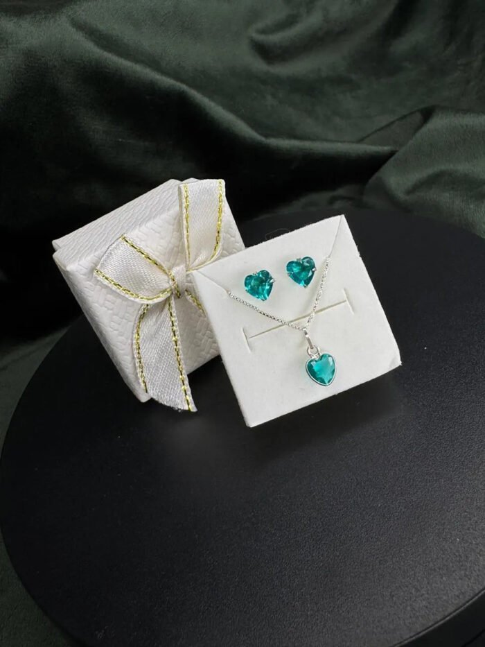 Kit Conjunto Prata 925 Feminino Coração Zircônia Turmalina Prateado - Imagem 3