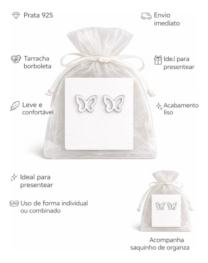 Par Brinco Borboleta Prata 925 Legitima Delicado Feminino Prateado - Imagem 2