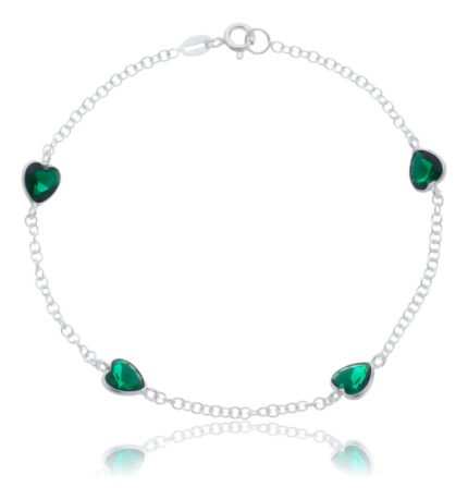 Pulseira Prata 925 Feminina Coração Zircônia Esmeralda 18 Cm Prateado 18 Cm