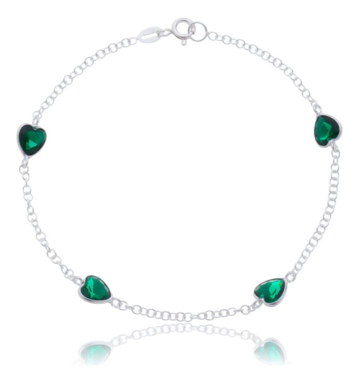 Pulseira Prata 925 Feminina Coração Zircônia Esmeralda 18 Cm Prateado 18 Cm - Imagem 1