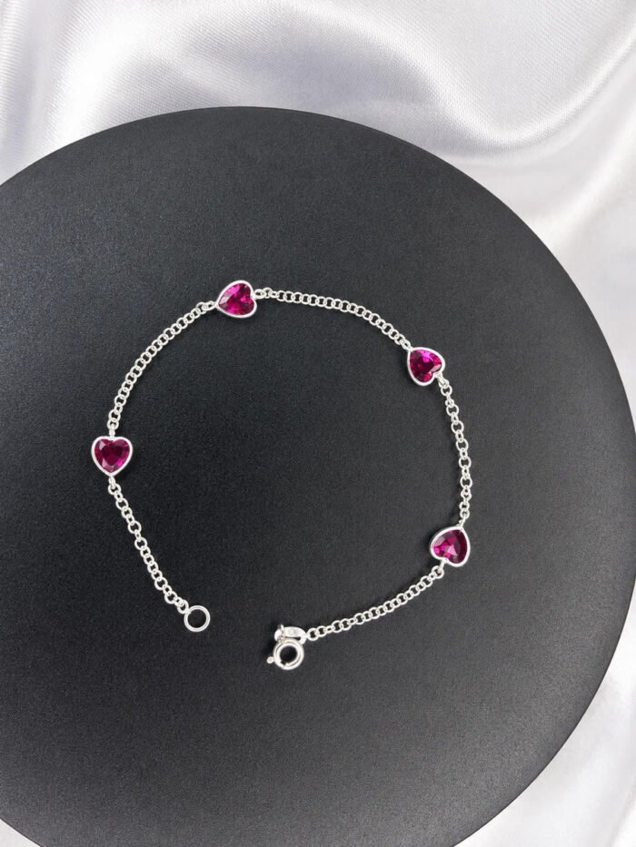 Pulseira Prata 925 Feminina Coração Zirconia Pink Tam 18cm Prateado 18 Cm - Imagem 3