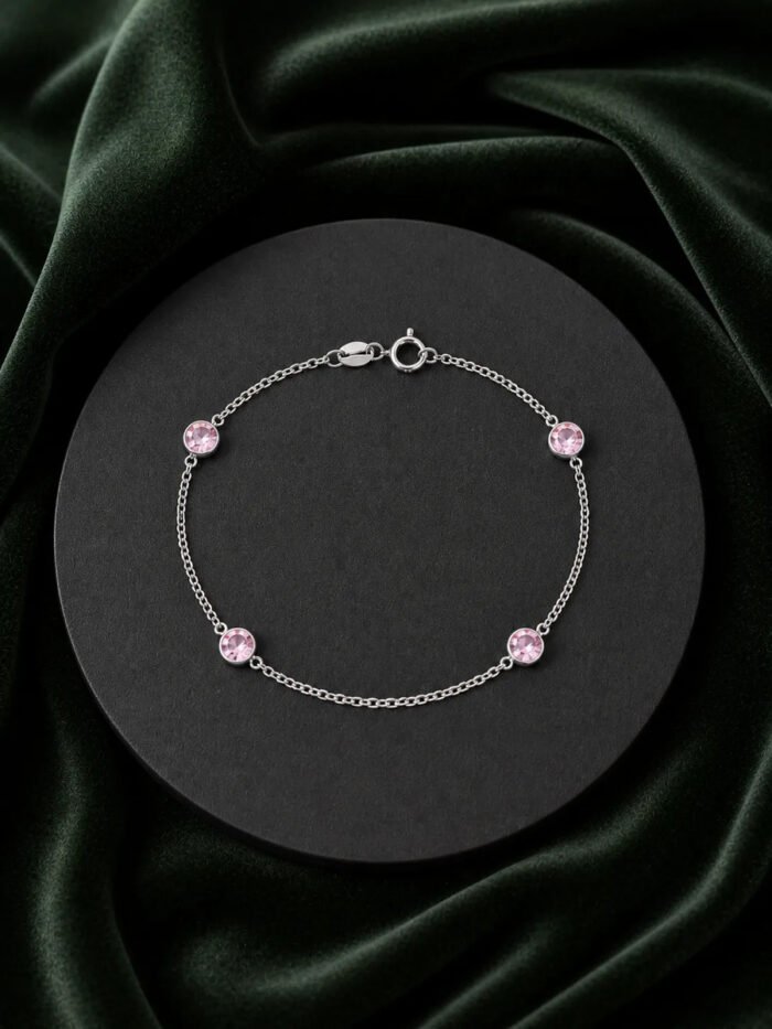 Pulseira Prata 925 Feminina Redonda Zircônia Rosa 18 Cm Prateado 18 Cm - Imagem 5