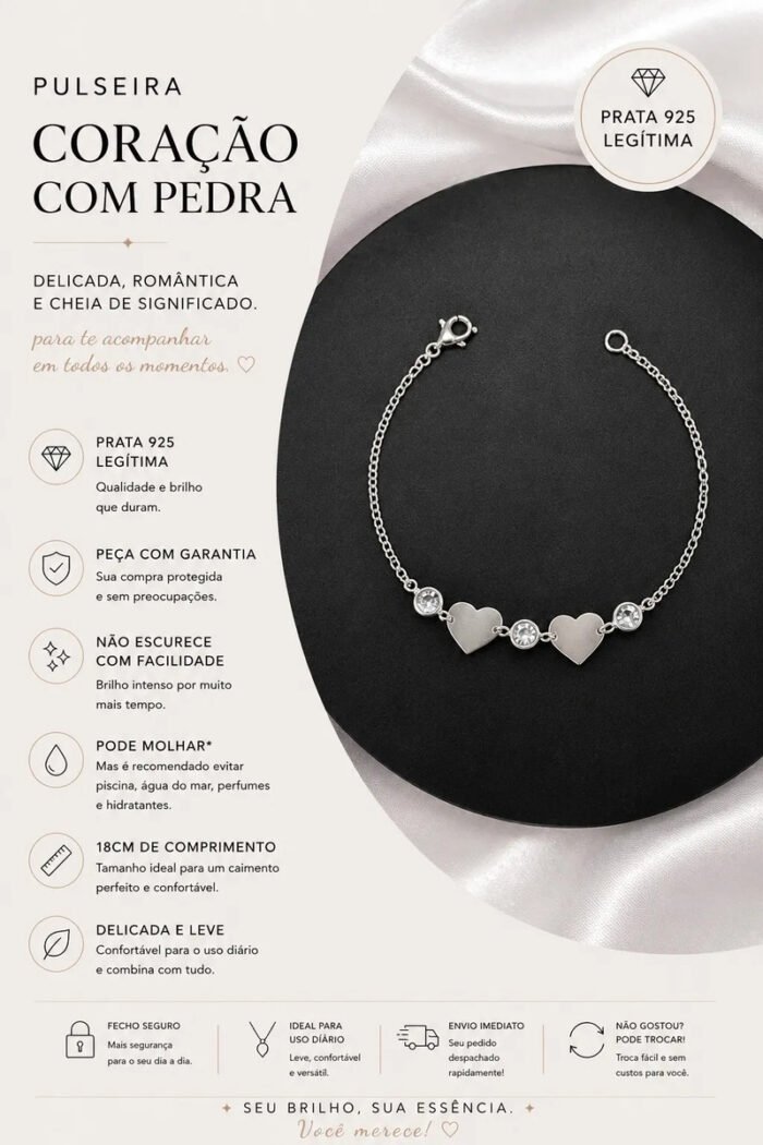 Pulseira Prata 925 Feminina Coração Zircônia Delicada Prateado 18 Cm - Imagem 3