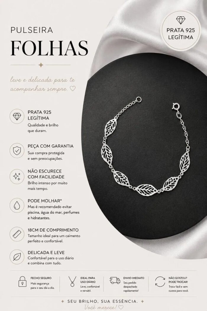 Pulseira Folhas Prata 925 Feminina Ajustavel Prateado 18 Cm - Imagem 2