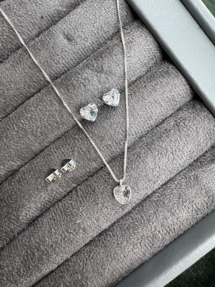 Kit Conjunto Prata 925 Feminino Coração Zircônia Cristal Prateado - Imagem 7