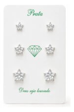 Kit Trio Brinco Estrela Prata 925 Zircônia Ponto De Luz Prateado