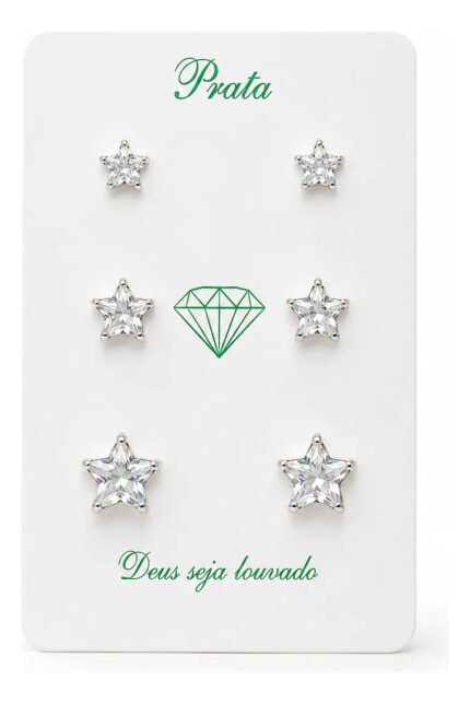 Kit Trio Brinco Estrela Prata 925 Zircônia Ponto De Luz Prateado