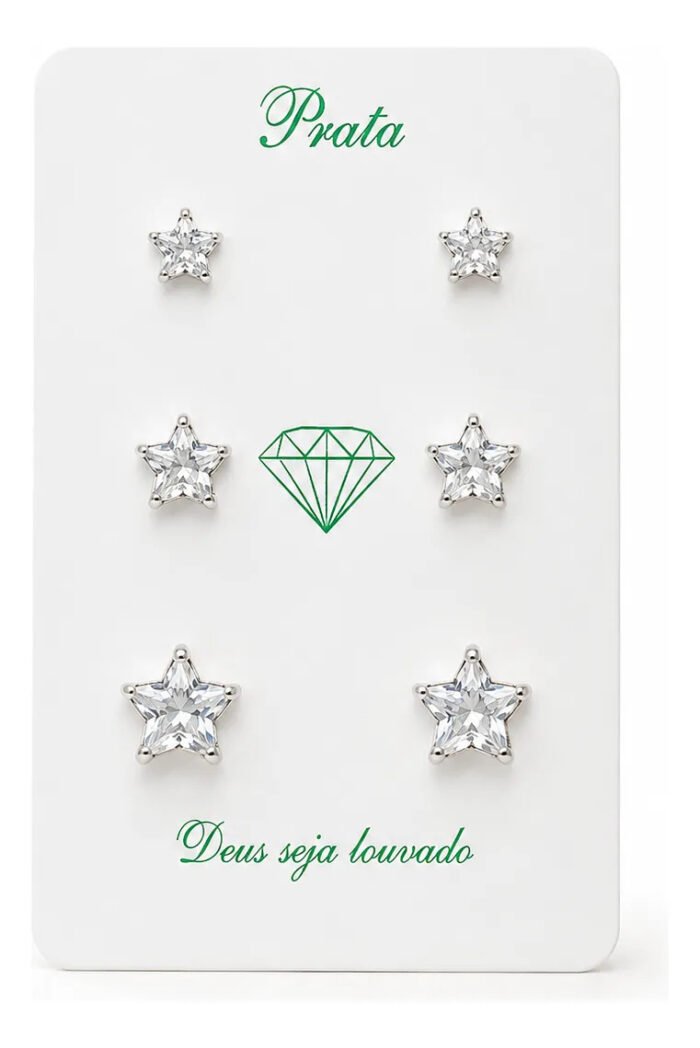 Kit Trio Brinco Estrela Prata 925 Zircônia Ponto De Luz Prateado - Imagem 1