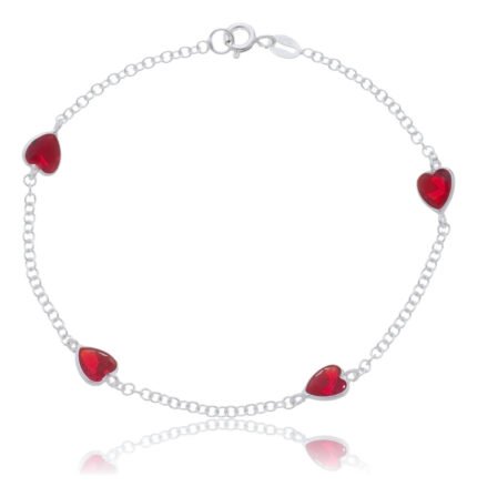 Pulseira Prata 925 Feminina Coração Zircônia Vermelho 18 Cm Prateado 19 Cm 18 Cm
