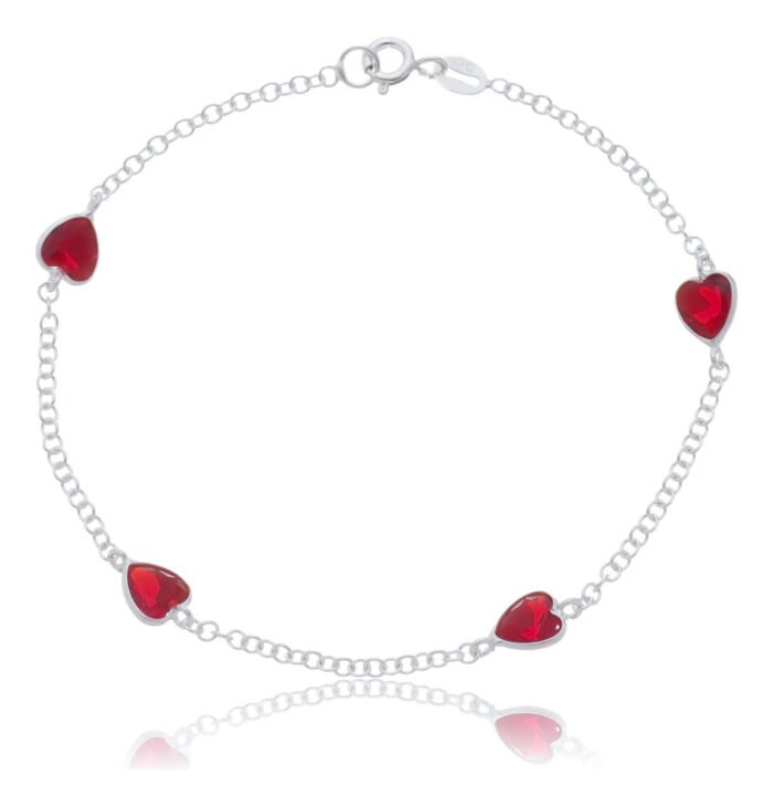 Pulseira Prata 925 Feminina Coração Zircônia Vermelho 18 Cm Prateado 19 Cm 18 Cm - Imagem 1