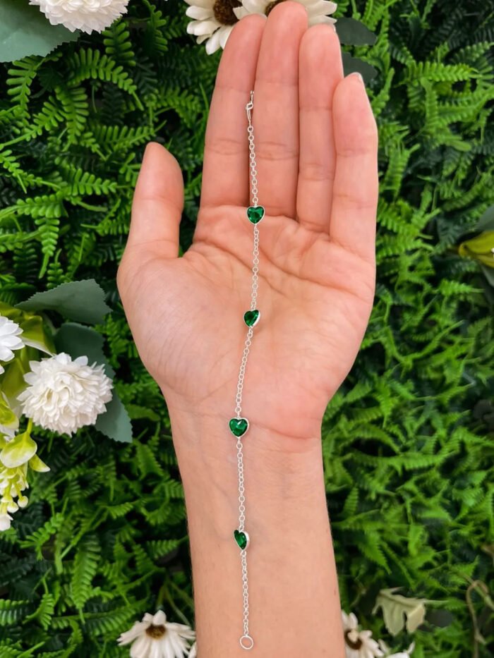 Pulseira Prata 925 Feminina Coração Zircônia Esmeralda 18 Cm Prateado 18 Cm - Imagem 4