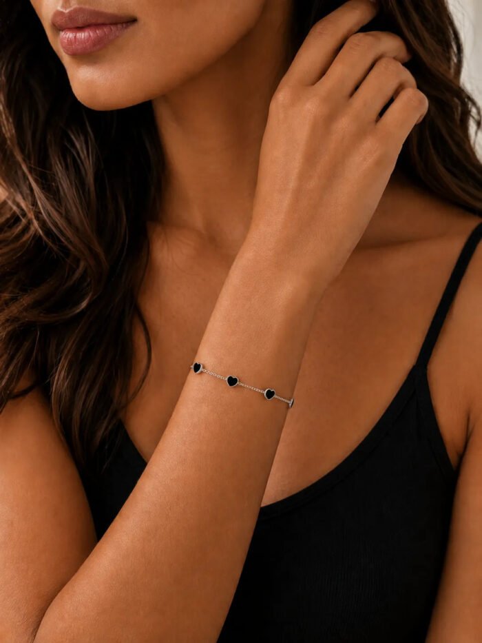Pulseira Prata 925 Feminina Coração Zircônia Preta 18 Cm Prateado 18 Cm - Imagem 6