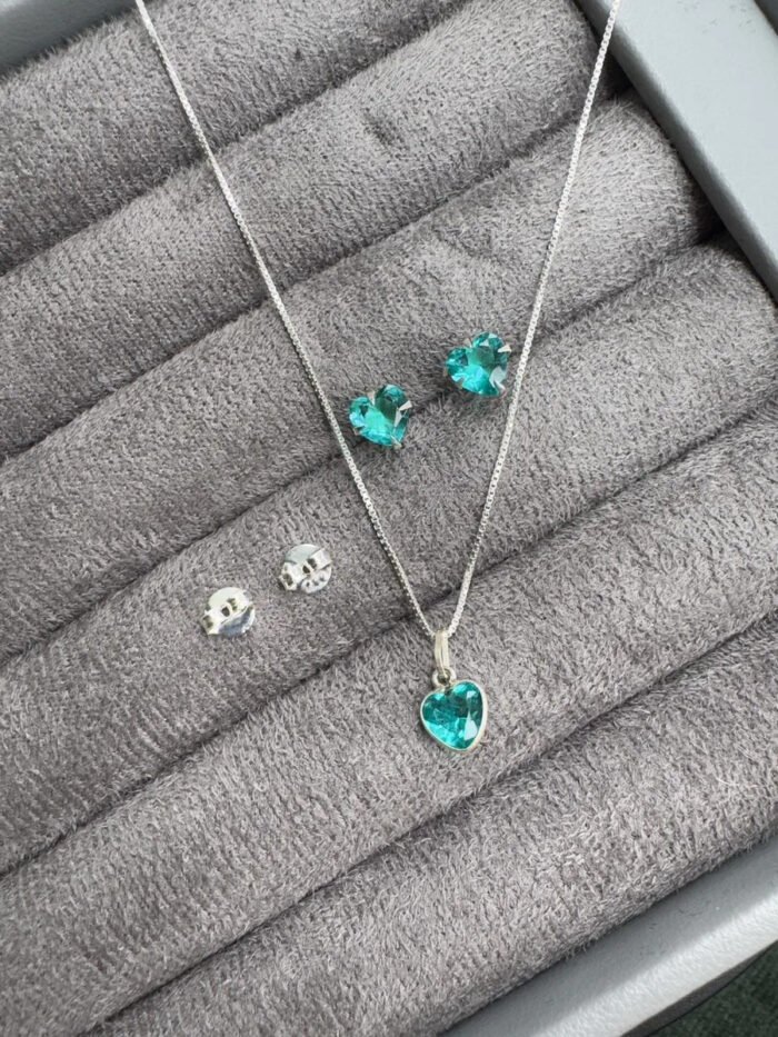 Kit Conjunto Prata 925 Feminino Coração Zircônia Turmalina Prateado - Imagem 7