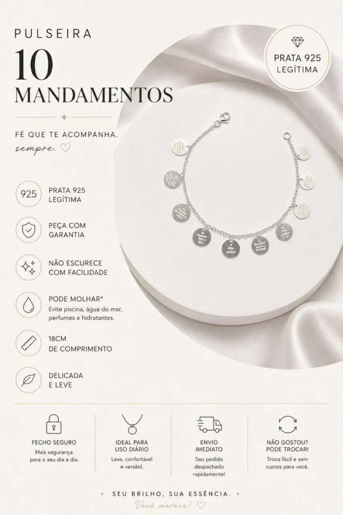 Pulseira Prata 925 Com Medalhas 10 Mandamentos Feminina Prateado 18 Cm - Imagem 2