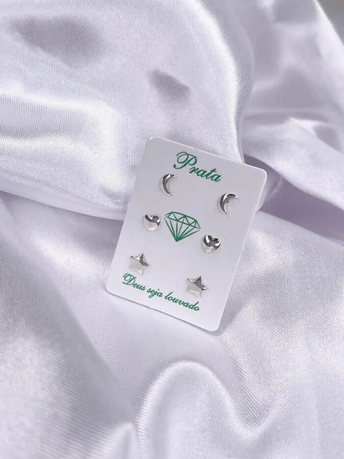 Kit Trio De Brincos Prata 925 Lua Estrela E Coração Prateado - Imagem 5