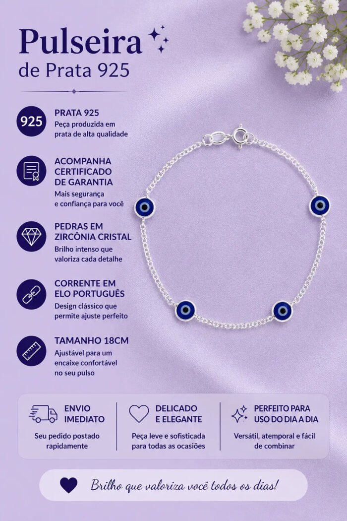 Pulseira Prata 925 Feminina Olho Grego Azul Zircônia 18 Cm Prateado 18 Cm - Imagem 2