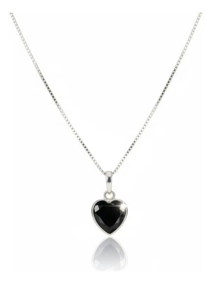 Colar Feminino Ponto De Luz Coracao Prata 925 Caixinha Preto