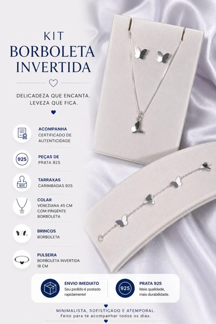 Kit Conj Borboleta Prata 925 Gargantilha Pulseira Brincos Prateado - Imagem 2