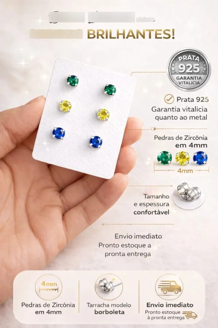 Kit Brinco Brasil Prata 925 Copa Do Mundo Ponto Luz Feminino Prateado - Imagem 2