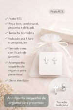 Par Brinco Cruz Prata 925 Legitima Delicado Feminino Prateado - Imagem 2