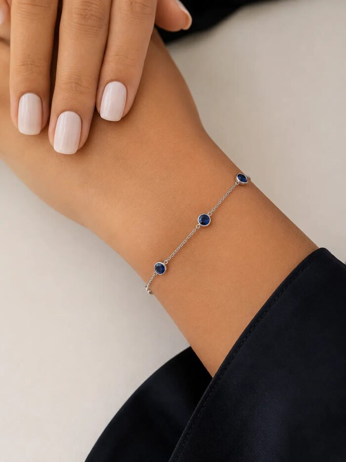 Pulseira Prata 925 Feminina Redonda Zircônia Azul Escur18 Cm Prateado 18 Cm - Imagem 4