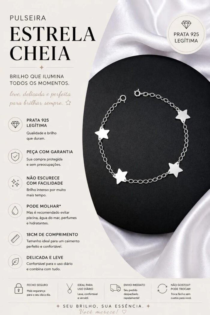 Pulseira Prata 925 Feminina Pingentes Estrela Luxo Delicada Prateado 18 Cm - Imagem 2