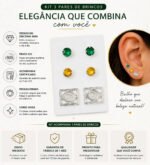 Kit Brincos Prata 925 Ponto De Luz Verde Amarelo Brasil Femi Prateado - Imagem 2