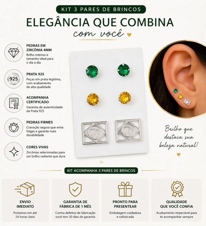 Kit Brincos Prata 925 Ponto De Luz Verde Amarelo Brasil Femi Prateado - Imagem 2