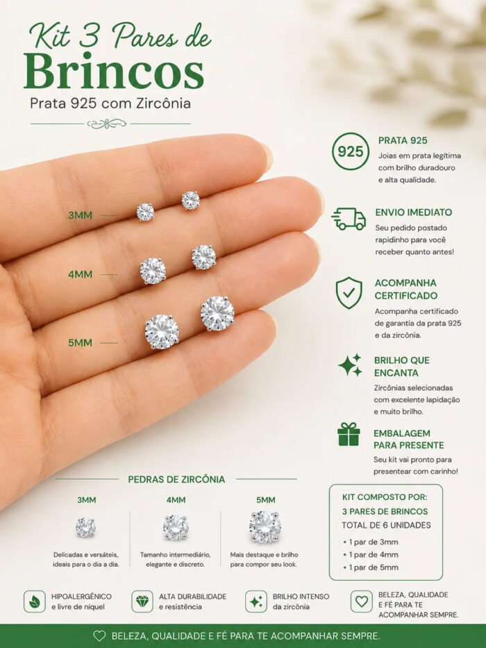 Kit Trio Brincos Prata 925 Redondo Ponto De Luz 3/4/5 Mm Prateado - Imagem 2