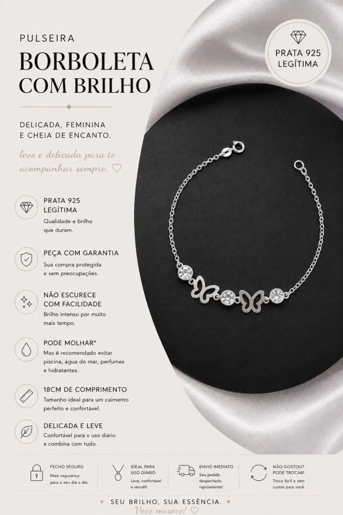 Pulseira Prata 925 Feminina Borboletas E Zircônia Cristal Prateado 18 Cm - Imagem 4
