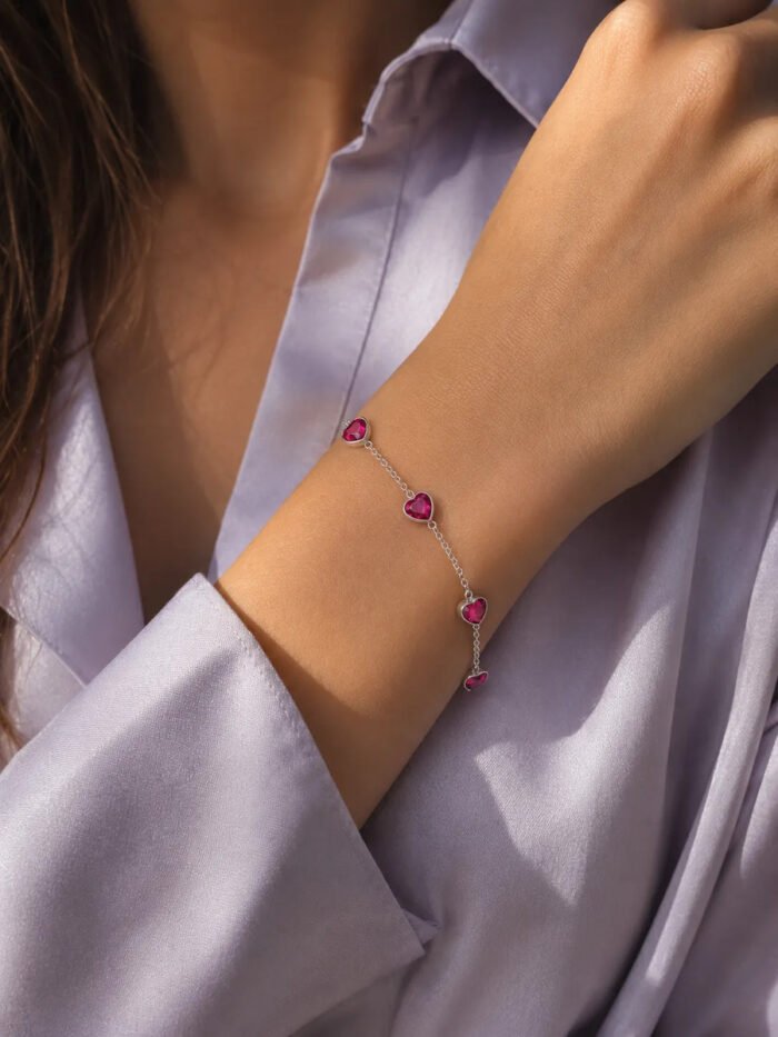 Pulseira Prata 925 Feminina Coração Zirconia Pink Tam 18cm Prateado 18 Cm - Imagem 4
