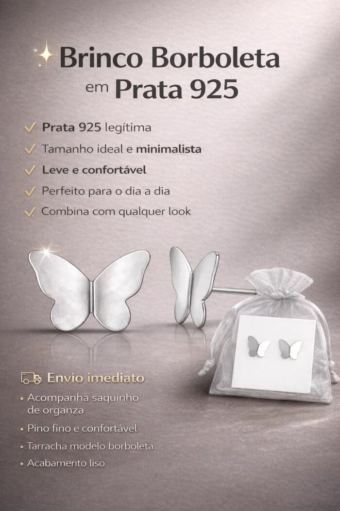 Par Brinco Borboleta Prata 925 Legitima Delicado Feminino Prateado - Imagem 2