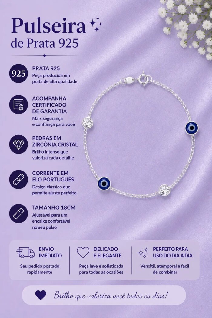 Pulseira Prata 925 Feminina Olho Grego Zircônia Cristal18 Cm Prateado 18 Cm - Imagem 2