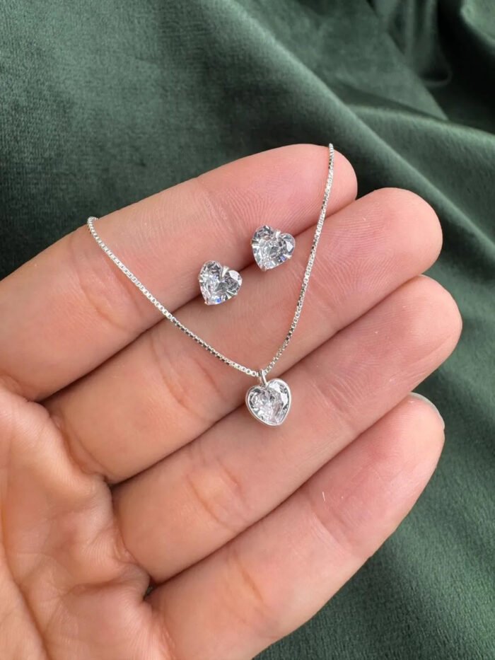 Kit Conjunto Prata 925 Feminino Coração Zircônia Cristal Prateado - Imagem 6