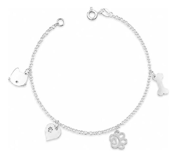 Pulseira Pet Prata 925 Pingentes Cachorro Gato Feminina Fofa Prateado 18 Cm - Imagem 1
