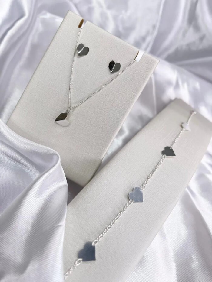 Kit Conj Coração Prata 925 Gargantilha Pulseira Brincos Femi Prateado - Imagem 5