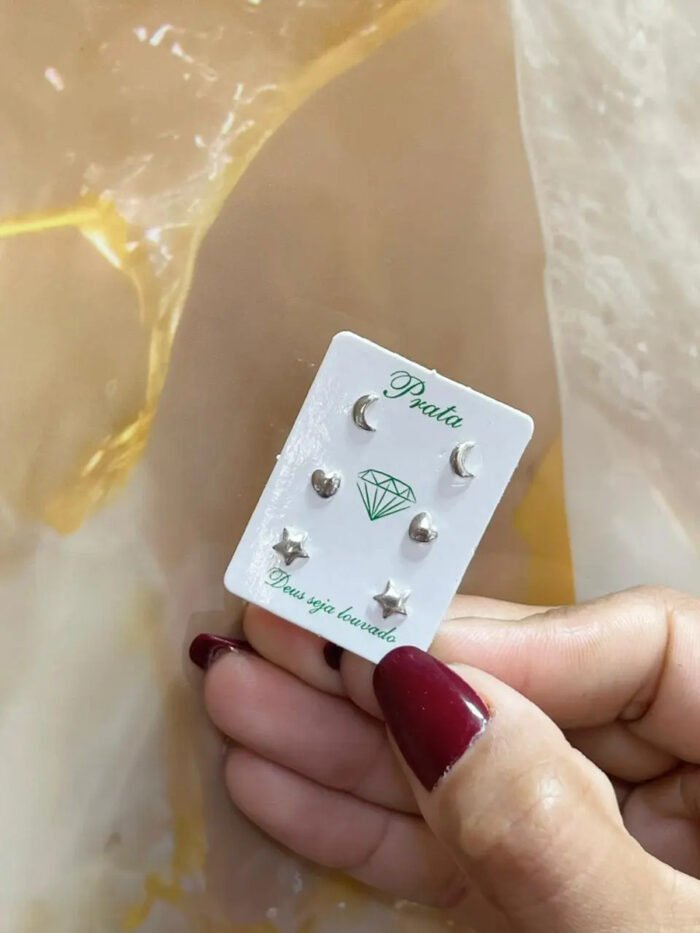 Kit Trio De Brincos Prata 925 Lua Estrela E Coração Prateado - Imagem 4