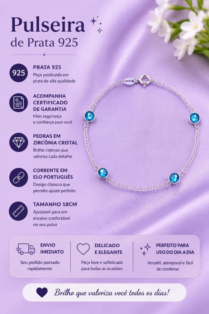 Pulseira Prata 925 Feminina Redonda Zircônia Azul Clar 18 Cm Prateado 18 Cm - Imagem 2