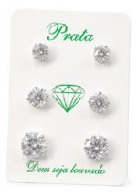 Kit Trio Brincos Prata 925 Redondo Ponto De Luz 4/5/6 Mm Prateado