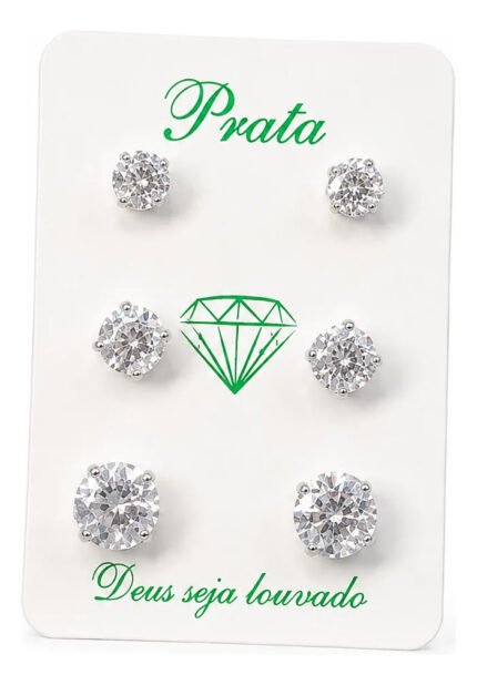 Kit Trio Brincos Prata 925 Redondo Ponto De Luz 4/5/6 Mm Prateado