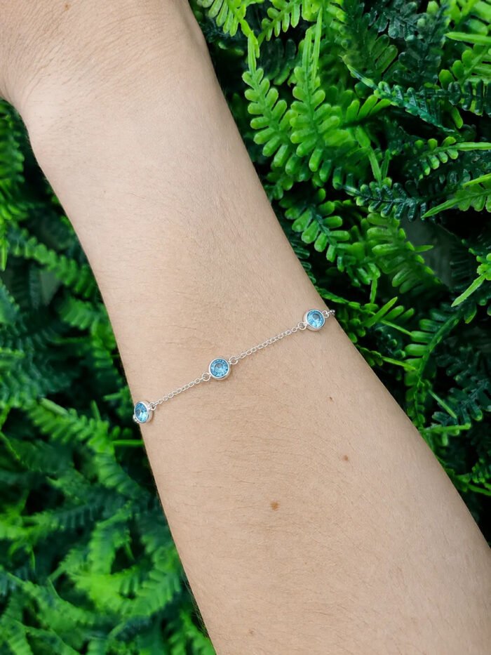 Pulseira Prata 925 Feminina Redonda Zircônia Azul Clar 18 Cm Prateado 18 Cm - Imagem 4