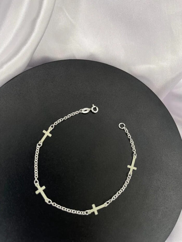 Pulseira Cruz Pequena Em Prata 925 Minimalista Prateado 18 Cm - Imagem 3