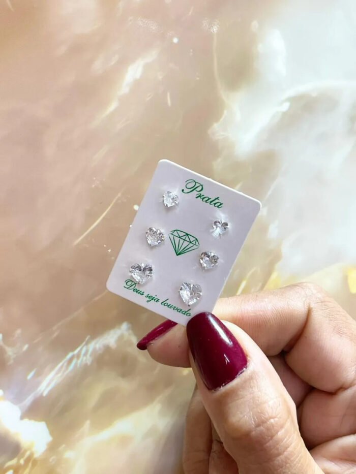 Kit Trio Brinco Coração Prata 925 Zircônia Ponto De Luz Prateado - Imagem 5