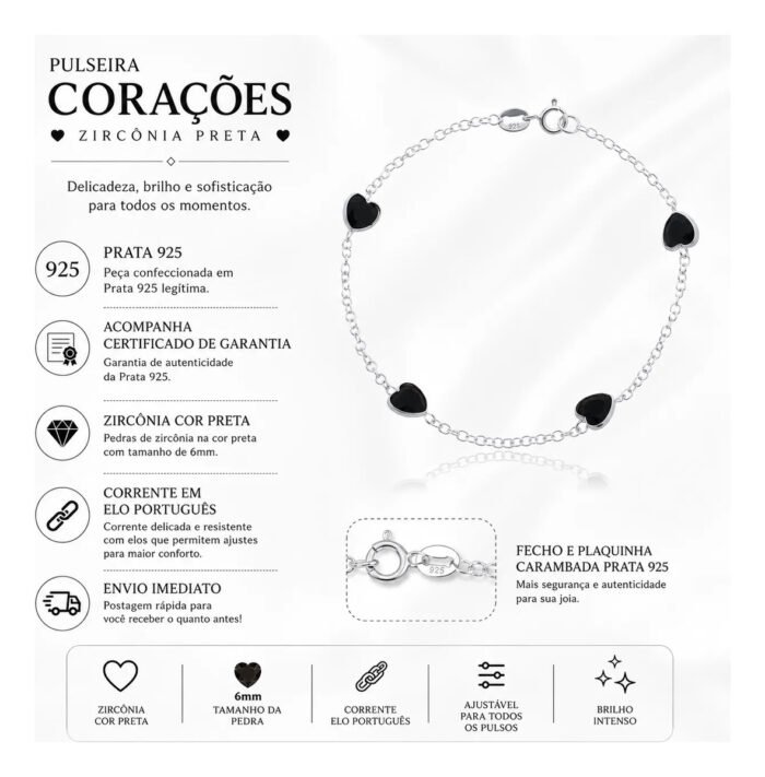 Pulseira Prata 925 Feminina Coração Zircônia Preta 18 Cm Prateado 18 Cm - Imagem 2