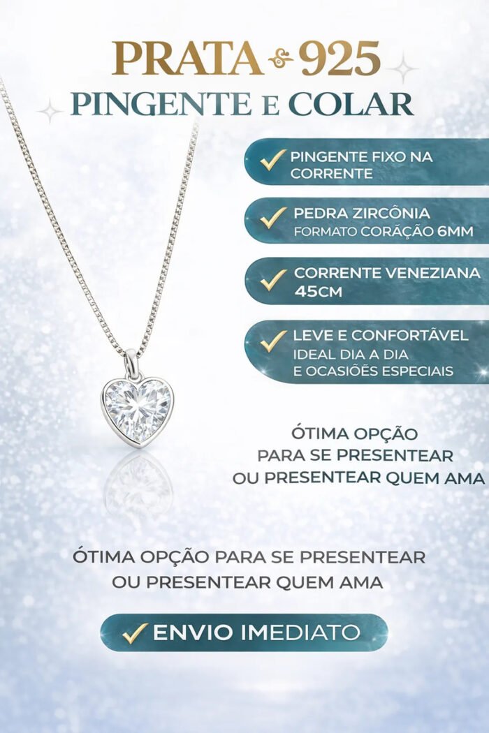 Colar Feminino Prata 925 Ponto De Luz Zircônia Coração 45cm Prateado - Imagem 2
