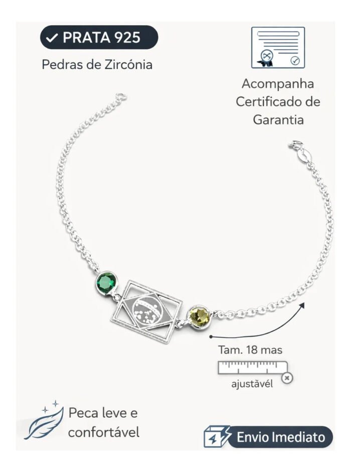 Pulseira Prata 925 Zircônia Brasil Verde Amarelo Femini Luxo Prateado 18 Cm - Imagem 2
