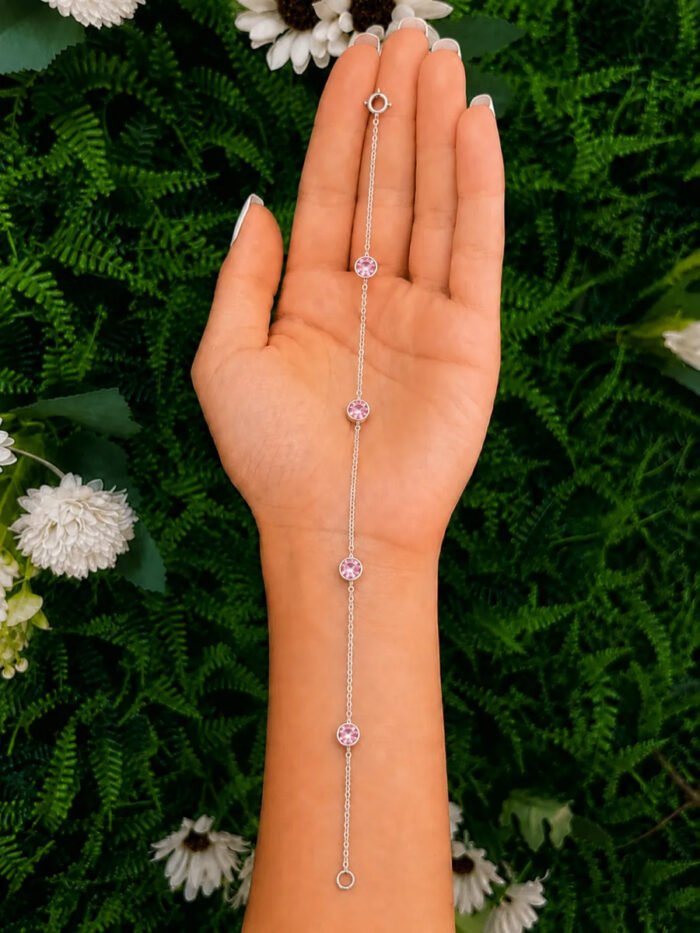 Pulseira Prata 925 Feminina Redonda Zircônia Rosa 18 Cm Prateado 18 Cm - Imagem 6