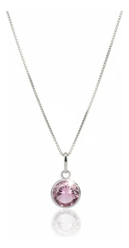 Colar Feminino Ponto De Luz Redondo Prata 925 Caixinha Rosa