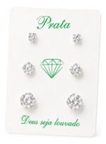 Kit Trio Brincos Prata 925 Redondo Ponto De Luz 3/4/5 Mm Prateado