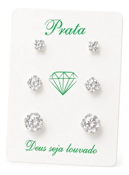 Kit Trio Brincos Prata 925 Redondo Ponto De Luz 3/4/5 Mm Prateado